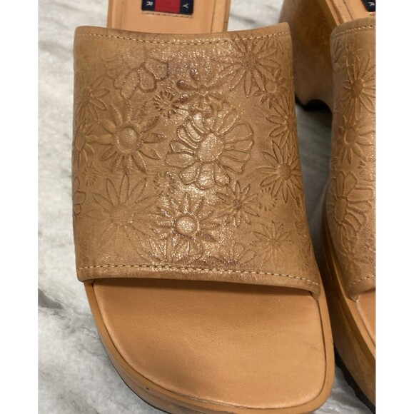 Vtg Y2K Tommy Hilfiger Platform Wooden Sandals Chunky Heel 7 Floral Hippie Boho - Picture 5 of 16